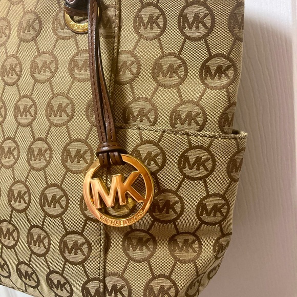 Michael Kors Tan and Brown MK Logo Shoulder Tote with Brown Leather Strap - Picture 3 of 10